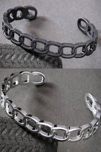 Men set of 2 silver & black rhodium-plated  metal cuff bracelet