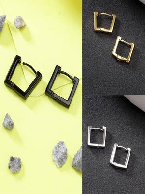Men set of 3 multicolor rhodium-plated geometric shape stainless steel hoop earrings 1