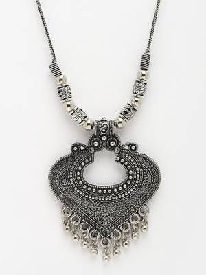 Women silver-toned german silver oxidised pendant with chain 2
