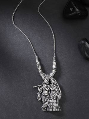 Women silver-toned radha krishna pendant with chain 1