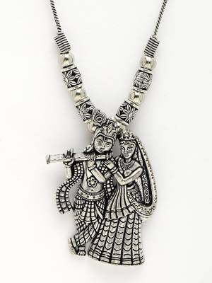 Women silver-toned radha krishna pendant with chain 2