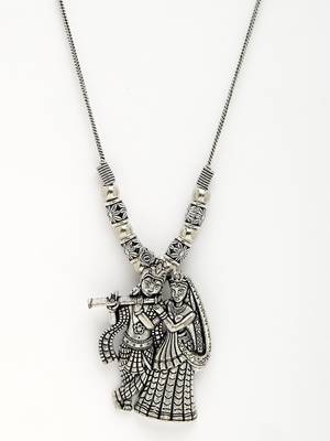 Women silver-toned radha krishna pendant with chain 3