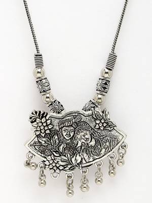 Women silver-toned radha krishna pendant with chain 2
