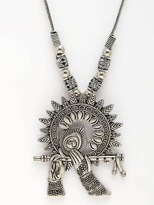 Women silver-toned german silver oxidised pendant with chain 2