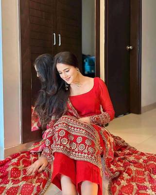 Women's traditional wedding wear  Red  heavy embroidered suit set 1