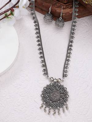 Women silver-toned floral shape oxidized necklace with jhumka earrings 1