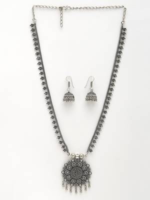 Women silver-toned floral shape oxidized necklace with jhumka earrings 3