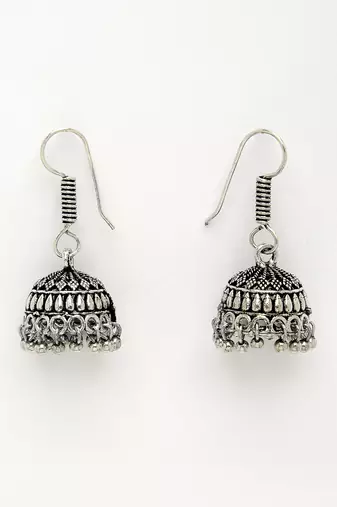 Women silver-toned floral shape oxidized necklace with jhumka earrings