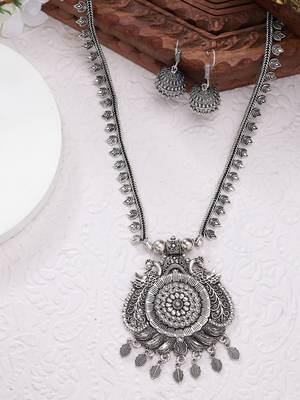 Women silver-toned peacock design oxidized necklace with jhumka earrings 1