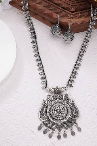 Women silver-toned peacock design oxidized necklace with jhumka earrings