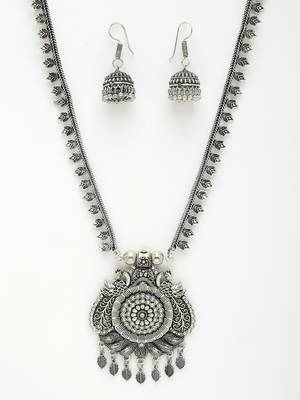 Women silver-toned peacock design oxidized necklace with jhumka earrings 2