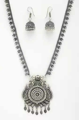 Women silver-toned peacock design oxidized necklace with jhumka earrings