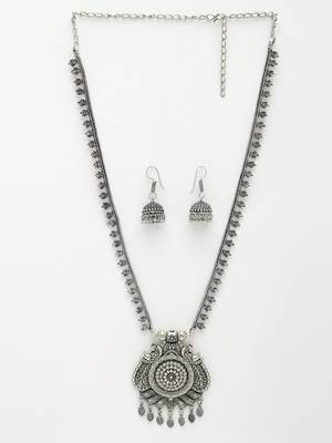 Women silver-toned peacock design oxidized necklace with jhumka earrings 3