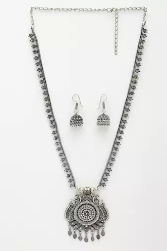 Women silver-toned peacock design oxidized necklace with jhumka earrings