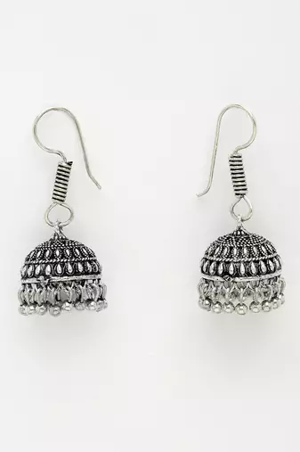 Women silver-toned peacock design oxidized necklace with jhumka earrings