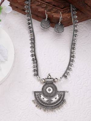 Women silver-toned german silver oxidised necklace with jhumka earrings 1