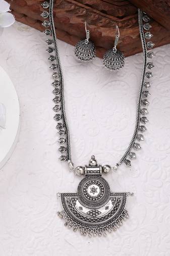 Women silver-toned german silver oxidised necklace with jhumka earrings