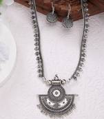Women silver-toned german silver oxidised necklace with jhumka earrings
