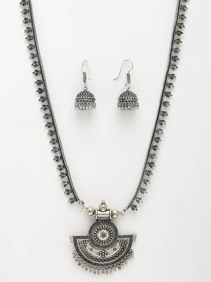 Women silver-toned german silver oxidised necklace with jhumka earrings 2