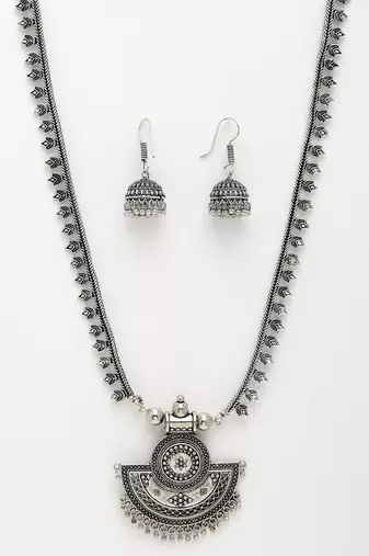 Women silver-toned german silver oxidised necklace with jhumka earrings