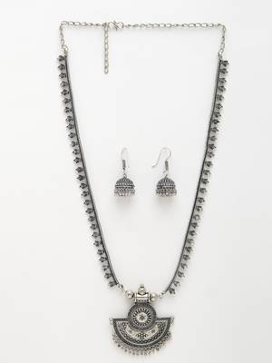 Women silver-toned german silver oxidised necklace with jhumka earrings 3
