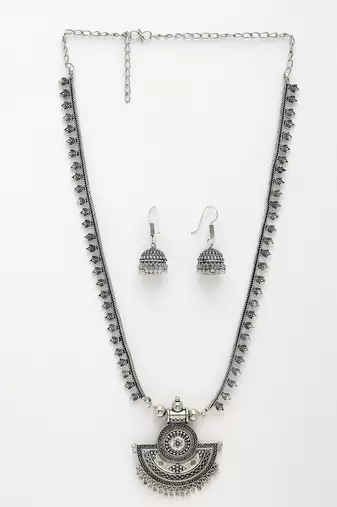 Women silver-toned german silver oxidised necklace with jhumka earrings