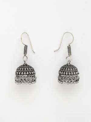 Women silver-toned german silver oxidised necklace with jhumka earrings 4