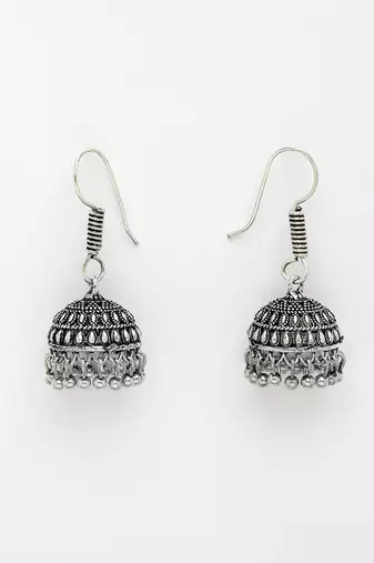 Women silver-toned german silver oxidised necklace with jhumka earrings