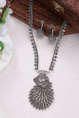 Women silver-toned peacock design oxidized necklace with jhumka earrings 1