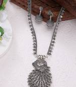Women silver-toned peacock design oxidized necklace with jhumka earrings