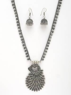 Women silver-toned peacock design oxidized necklace with jhumka earrings 2