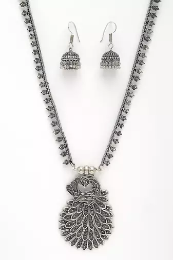 Women silver-toned peacock design oxidized necklace with jhumka earrings