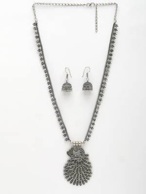 Women silver-toned peacock design oxidized necklace with jhumka earrings 3