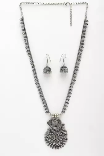 Women silver-toned peacock design oxidized necklace with jhumka earrings