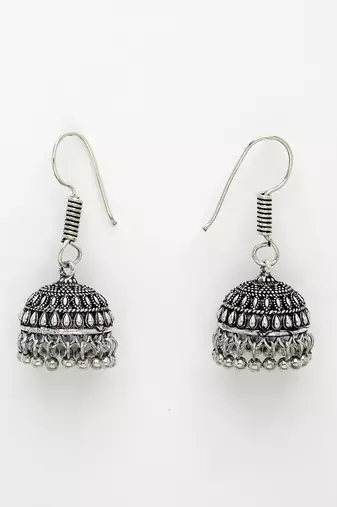 Women silver-toned peacock design oxidized necklace with jhumka earrings