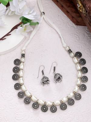 Women white silver-plated choke oxidized necklace with jhumka earrings 1
