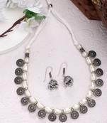 Women white silver-plated choke oxidized necklace with jhumka earrings
