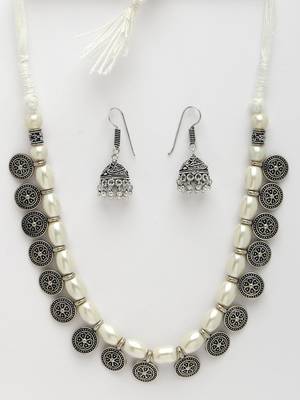 Women white silver-plated choke oxidized necklace with jhumka earrings 2