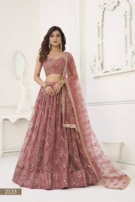 Glamorous Onion Pink Net With Sequins And Thread Embroidery Real Mirror Work Lehenga Choli For Wedding 1