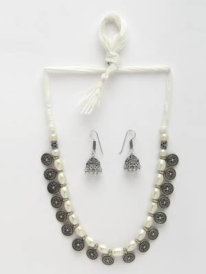 Women white silver-plated choke oxidized necklace with jhumka earrings 3