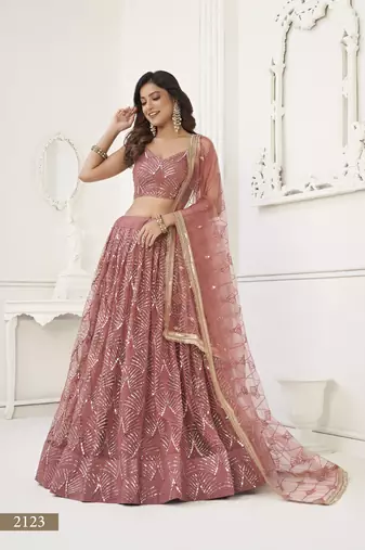 Glamorous Onion Pink Net With Sequins And Thread Embroidery Real Mirror Work Lehenga Choli For Wedding