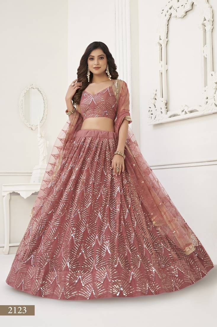 Glamorous Onion Pink Net With Sequins And Thread Embroidery Real Mirror Work Lehenga Choli For Wedding