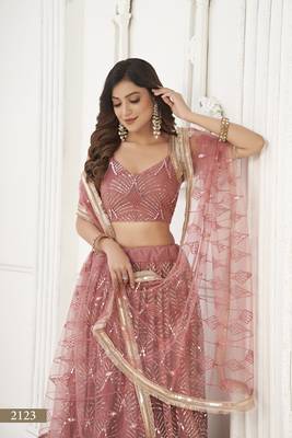 Glamorous Onion Pink Net With Sequins And Thread Embroidery Real Mirror Work Lehenga Choli For Wedding 4