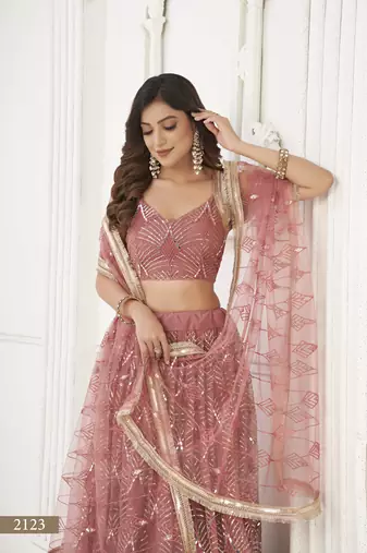 Glamorous Onion Pink Net With Sequins And Thread Embroidery Real Mirror Work Lehenga Choli For Wedding