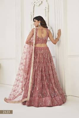 Glamorous Onion Pink Net With Sequins And Thread Embroidery Real Mirror Work Lehenga Choli For Wedding 5