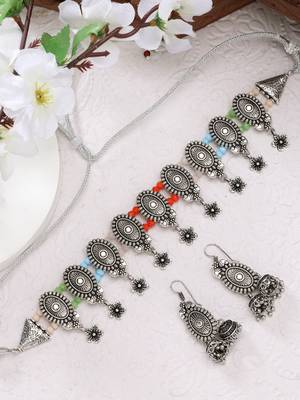 Women silver-plated choke oxidized necklace with jhumka earrings 1