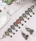 Women silver-plated choke oxidized necklace with jhumka earrings