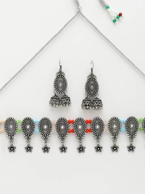 Women silver-plated choke oxidized necklace with jhumka earrings 2