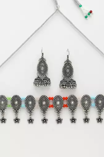 Women silver-plated choke oxidized necklace with jhumka earrings