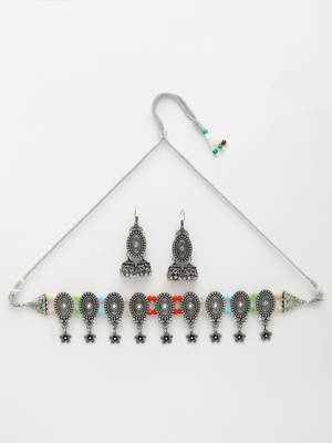 Women silver-plated choke oxidized necklace with jhumka earrings 3